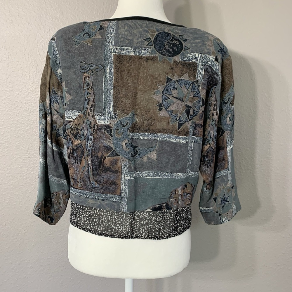 Vintage Platinum by Dorothy Schoelen Beaded Giraffe Print 100% Rayon Blouse Sz P - Picture 2 of 11